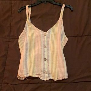 Striped white and pastel, v neck, loose, buttoned, tank top. Medium